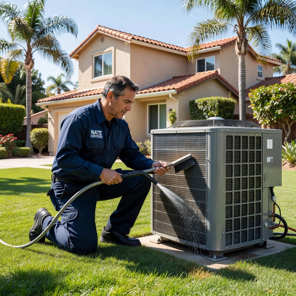 A technician wearing a professional uniform kneels beside an outdoor air conditioning condenser unit in a sunny suburban backyard. He uses a brush and hose to clear debris from the metal fins.