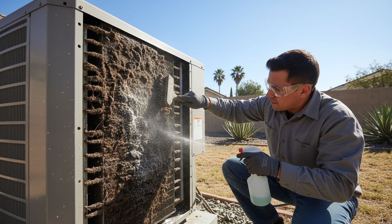 HVAC technician in protective gear brushes and sprays dirty evaporator coils on backyard residential AC unit on sunny day.