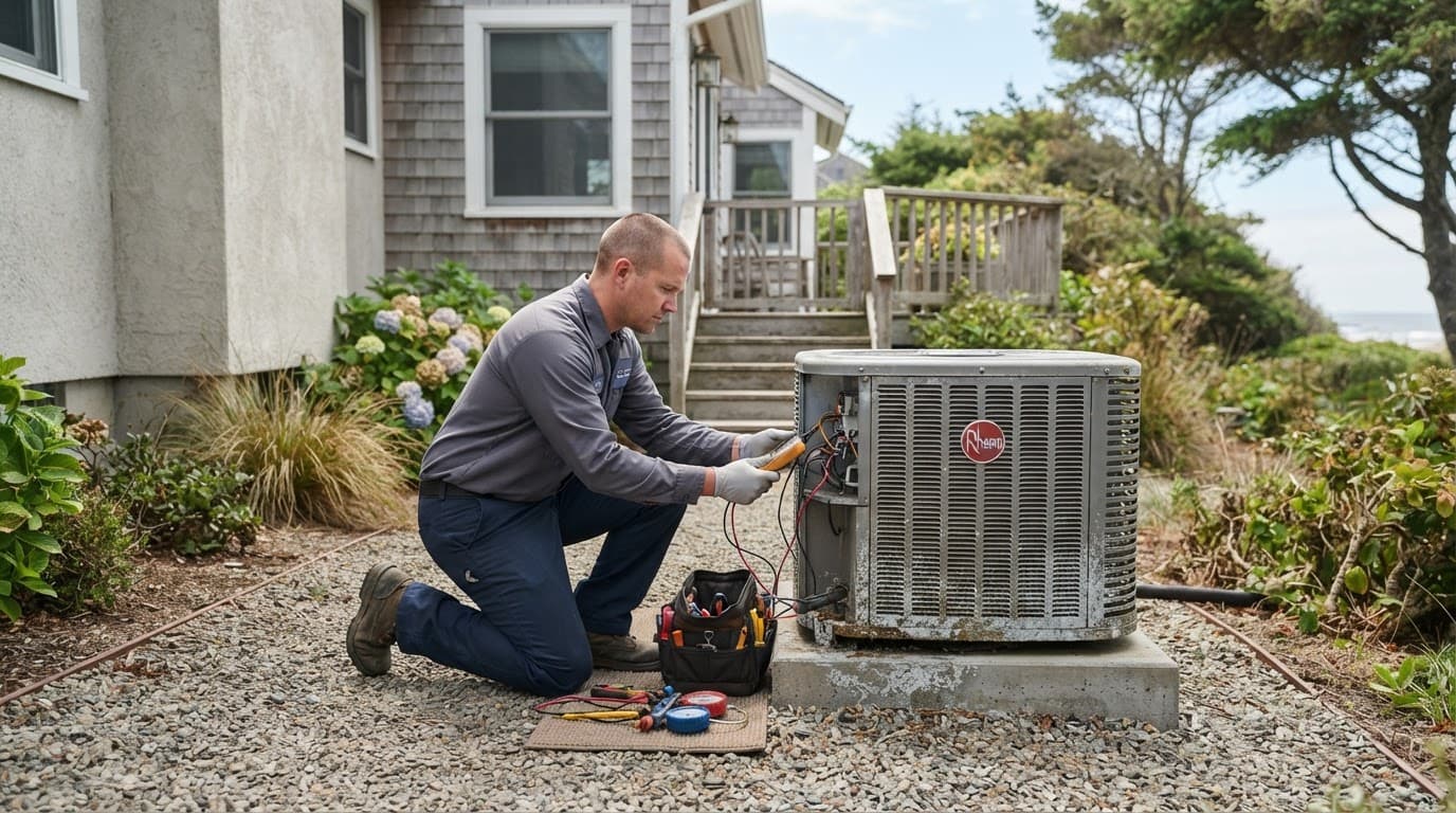 Technician inspecting an outdoor air conditioner beside a home.