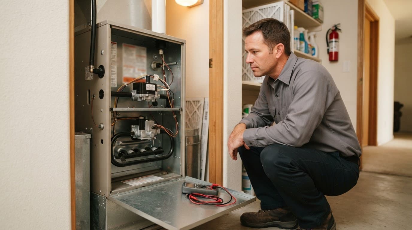 A technician inspects an open gas furnace beside a multimeter.
