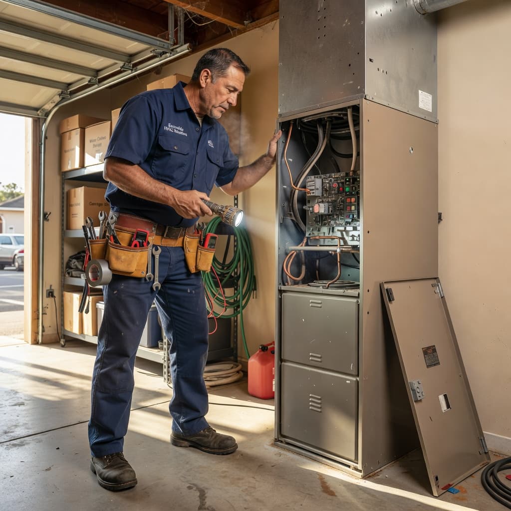 A technician wearing a utility belt shines a bright flashlight into the open cabinet of a residential gas furnace. They carefully examine the interior components to diagnose heating system issues.