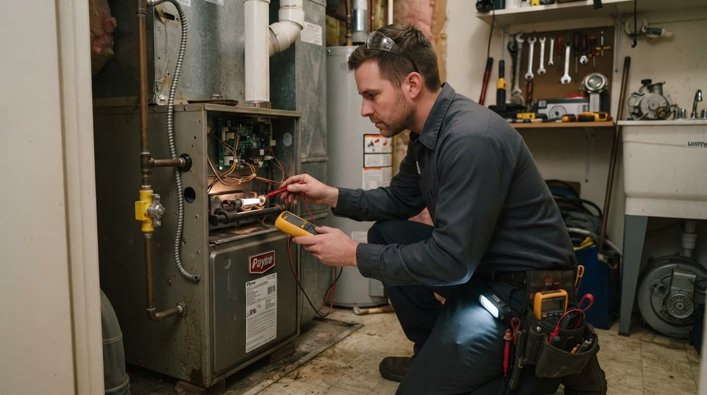 Technician inspecting a gas furnace igniter in a residential utility room.