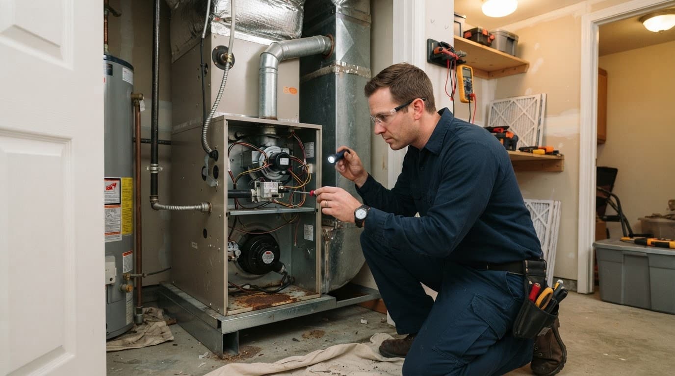 An HVAC technician examines a furnace and air handler in a home utility closet.