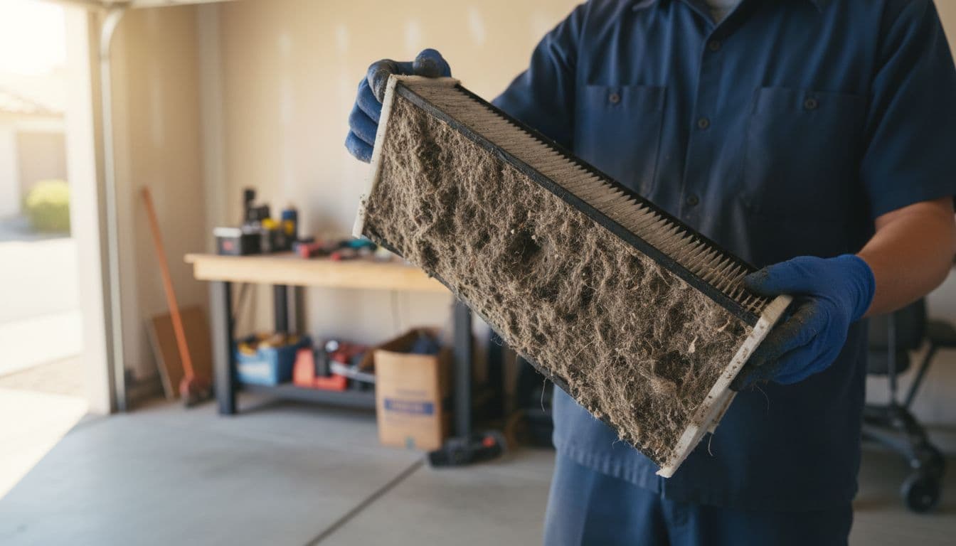 Realistic photo of an HVAC technician holding a dirty, clogged air filter from a residential AC unit in a sunny home garage in Escondido, California, with natural daylight and close-up on the dusty filter and gloved hands.
