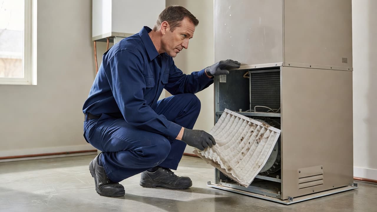 An HVAC technician in uniform inspects a residential air conditioning unit.