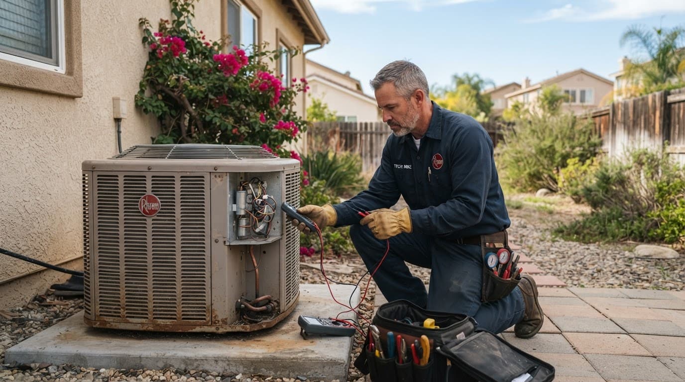 A technician in uniform inspecting an outdoor residential air conditioning unit.