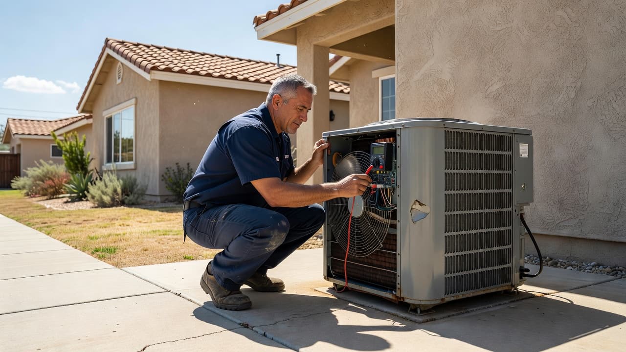 A technician in a blue uniform kneels to examine an outdoor residential air conditioning unit. He uses specialized tools to check the system components while working in a sunny suburban backyard.