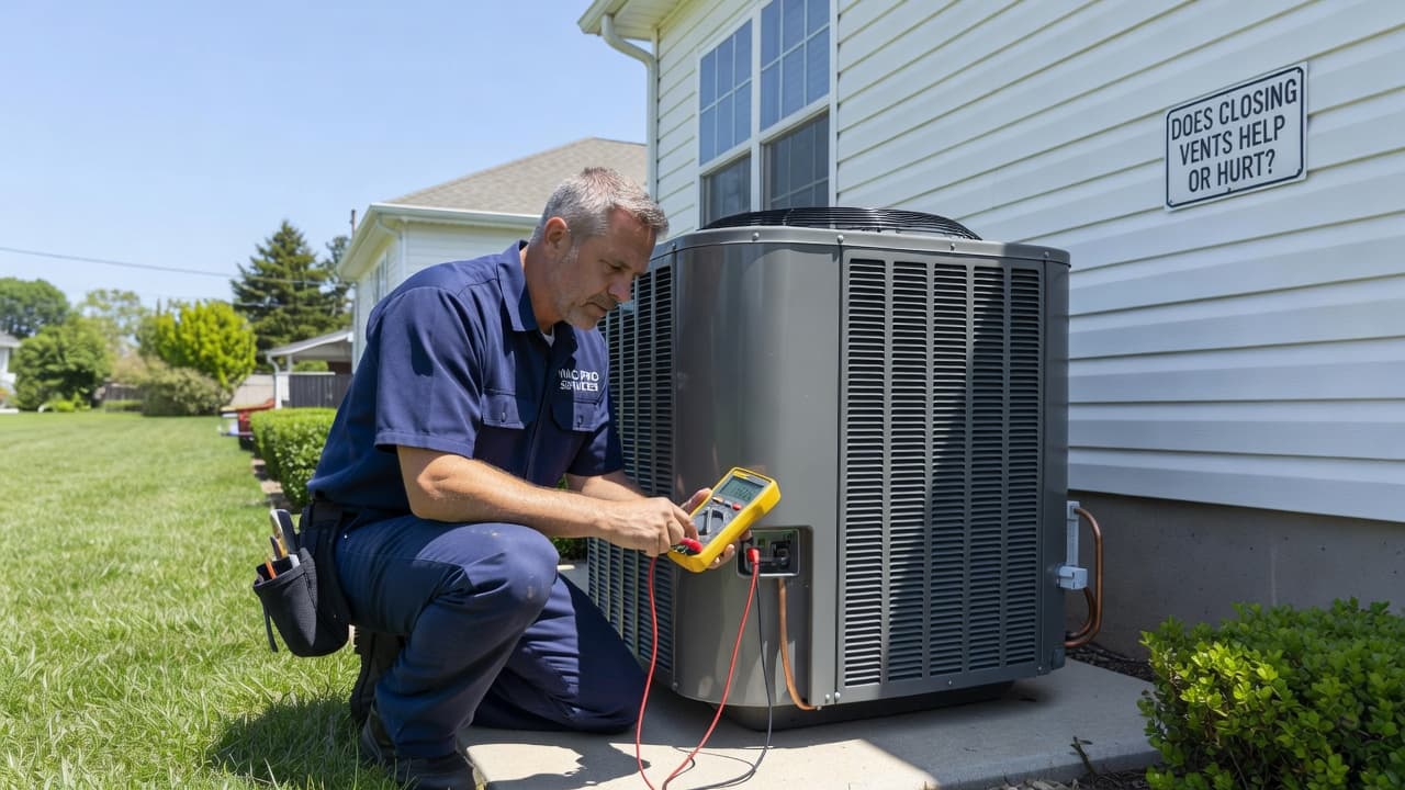 A technician wearing a blue uniform kneels beside a modern residential condenser unit. He carefully uses professional tools to inspect the metallic hardware on a bright, sunny day at home.