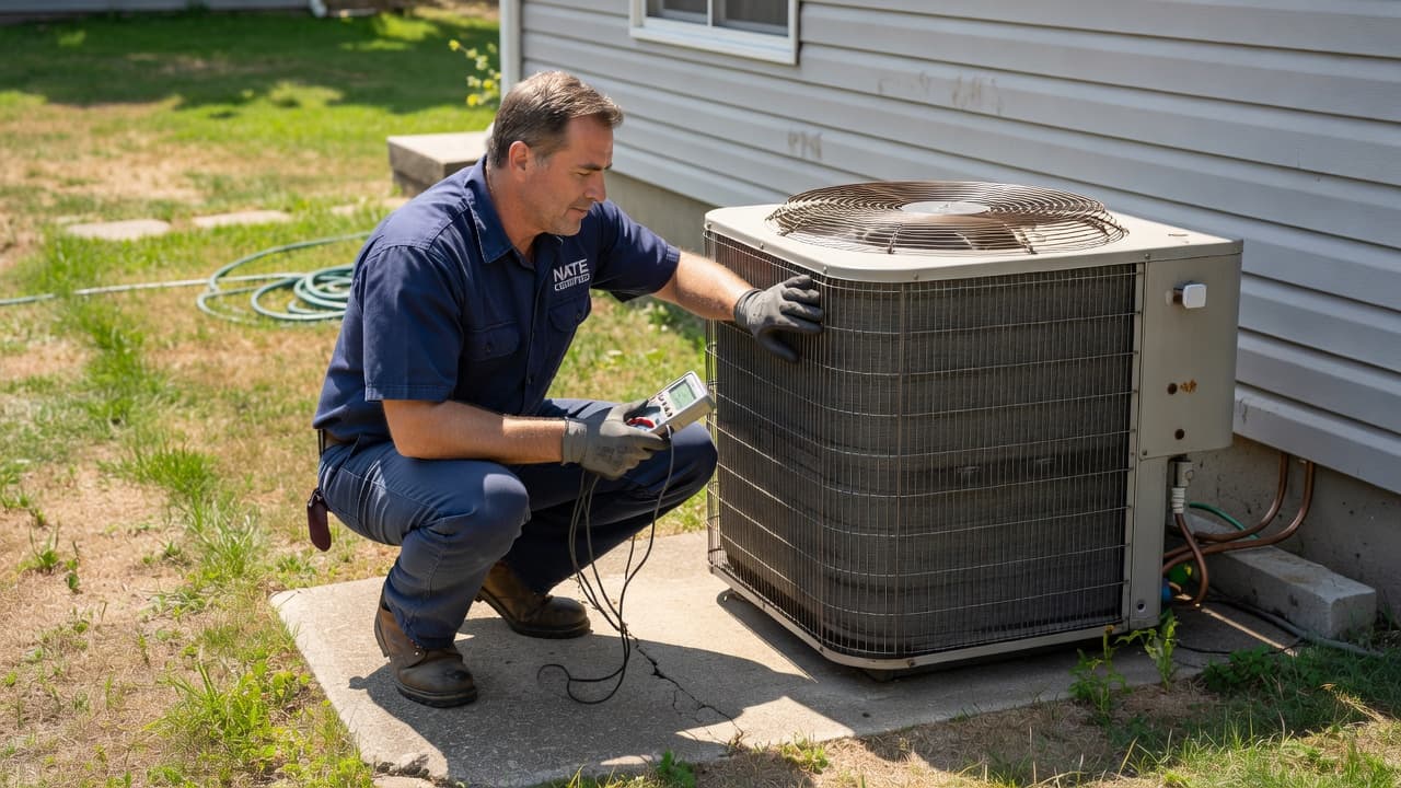 A technician wearing a work uniform kneels beside a residential outdoor air conditioning unit. He uses a screwdriver to open the metal service panel while checking the internal mechanical components.