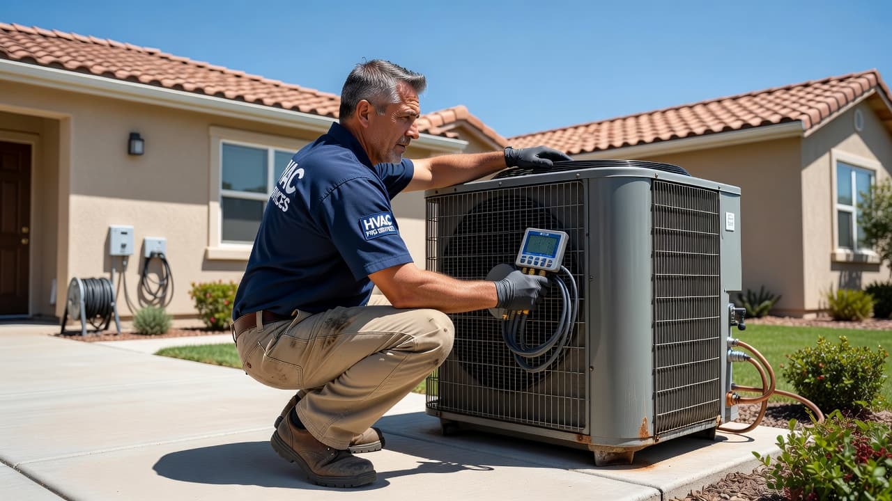 A technician wearing a uniform kneels beside a residential outdoor air conditioning unit on a sunny day. He carefully examines the internal components to evaluate the system performance and sizing requirements.