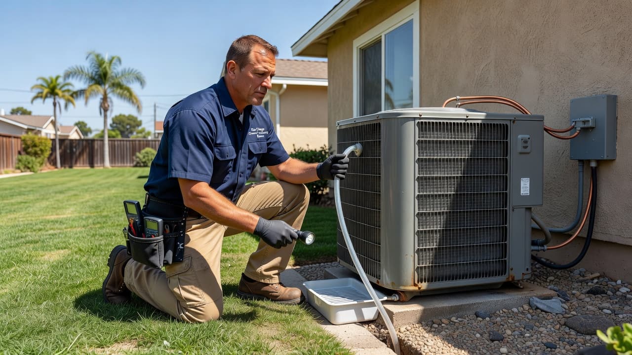 A technician wearing a uniform kneels beside a residential outdoor AC unit to carefully examine the drain line. Sunlight illuminates the equipment and the surrounding landscaped backyard during the daytime.