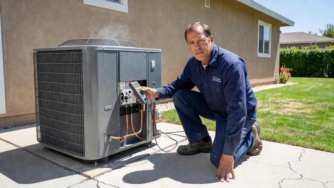 An HVAC technician inspects an outdoor air conditioning unit.