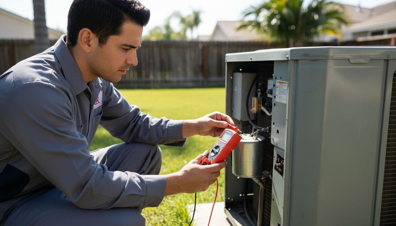 Realistic photo of an HVAC technician in work uniform kneeling beside an outdoor residential air conditioning condenser unit, inspecting the capacitor with a multimeter probe while the unit panel is open.