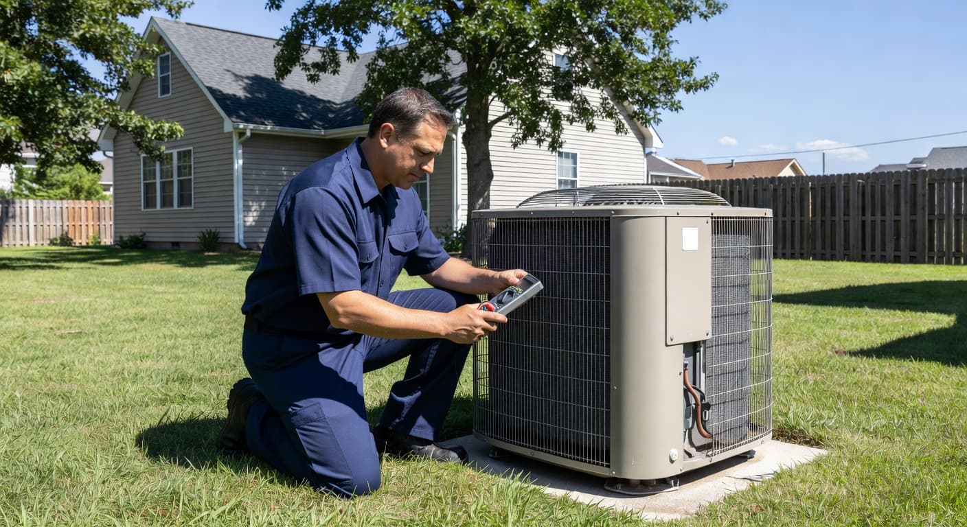 A professional technician wearing a dark blue uniform kneels on the grass, carefully examining an outdoor residential air conditioning unit. The scene is set in a backyard during a sunny day.