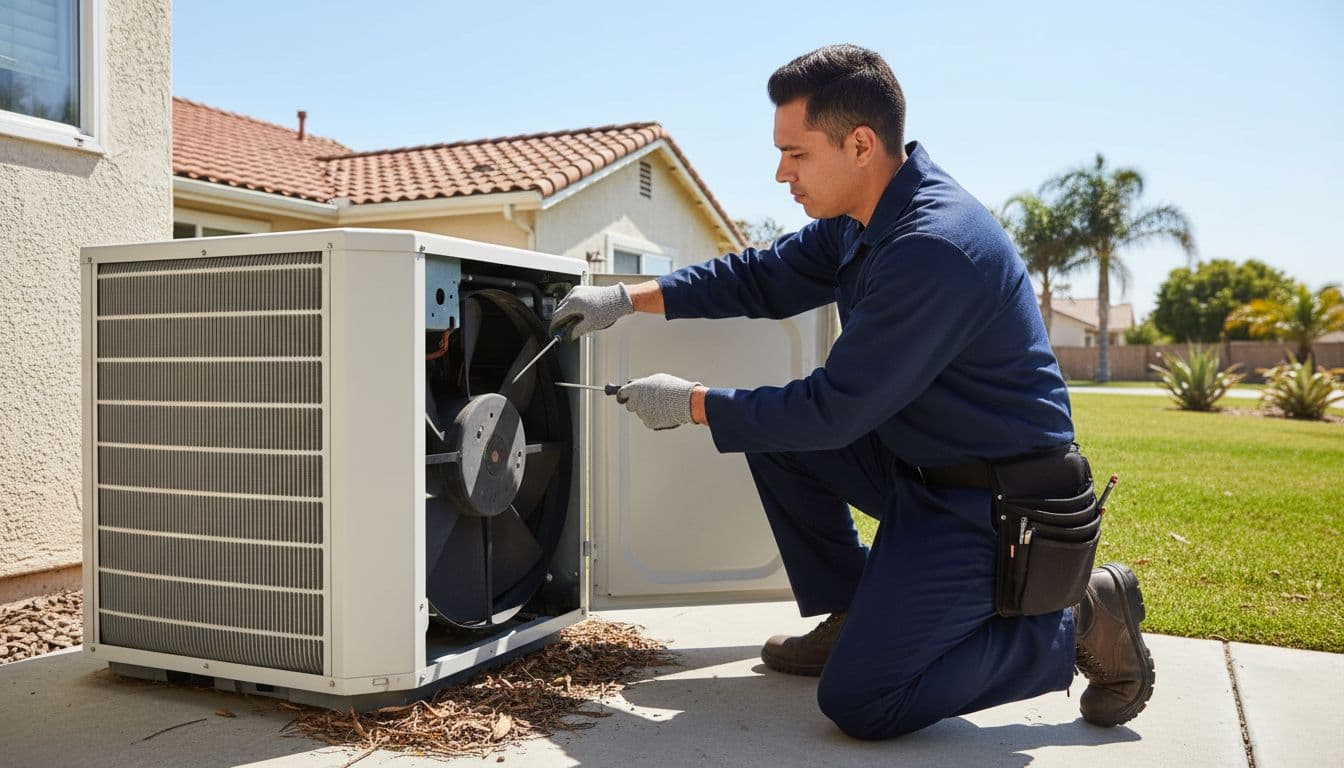 HVAC technician kneels with screwdriver opening panel on residential AC condenser to inspect outdoor fan blade amid ground debris.