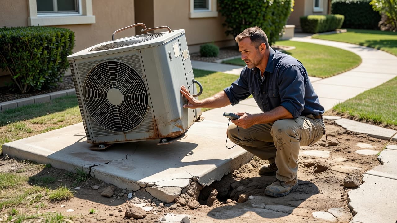 A technician inspecting an air conditioner on a sinking concrete pad.
