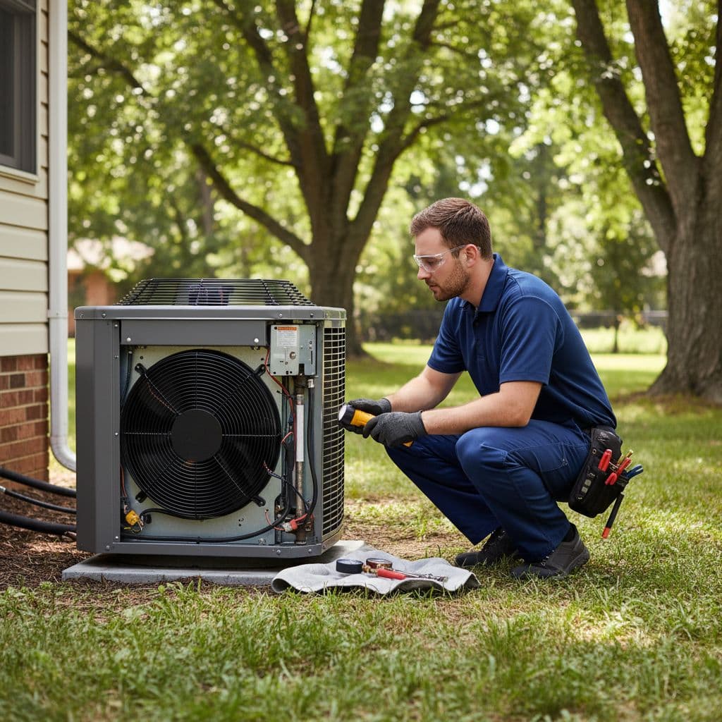 An HVAC technician in uniform examines a residential air conditioning unit located in a sunny backyard.