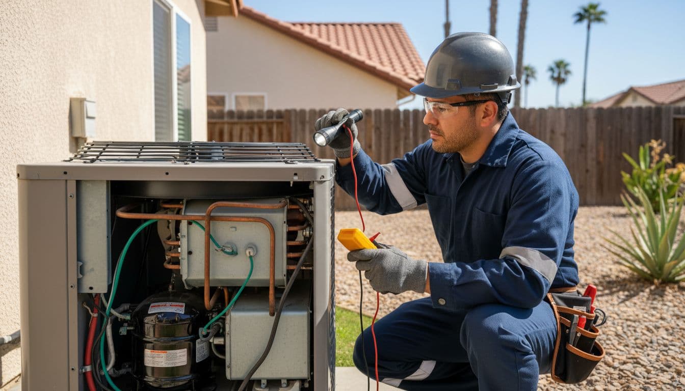 A technician in a work uniform uses a flashlight to check the internal components of a backyard condenser. Professional tools are spread nearby on the concrete patio during this inspection.