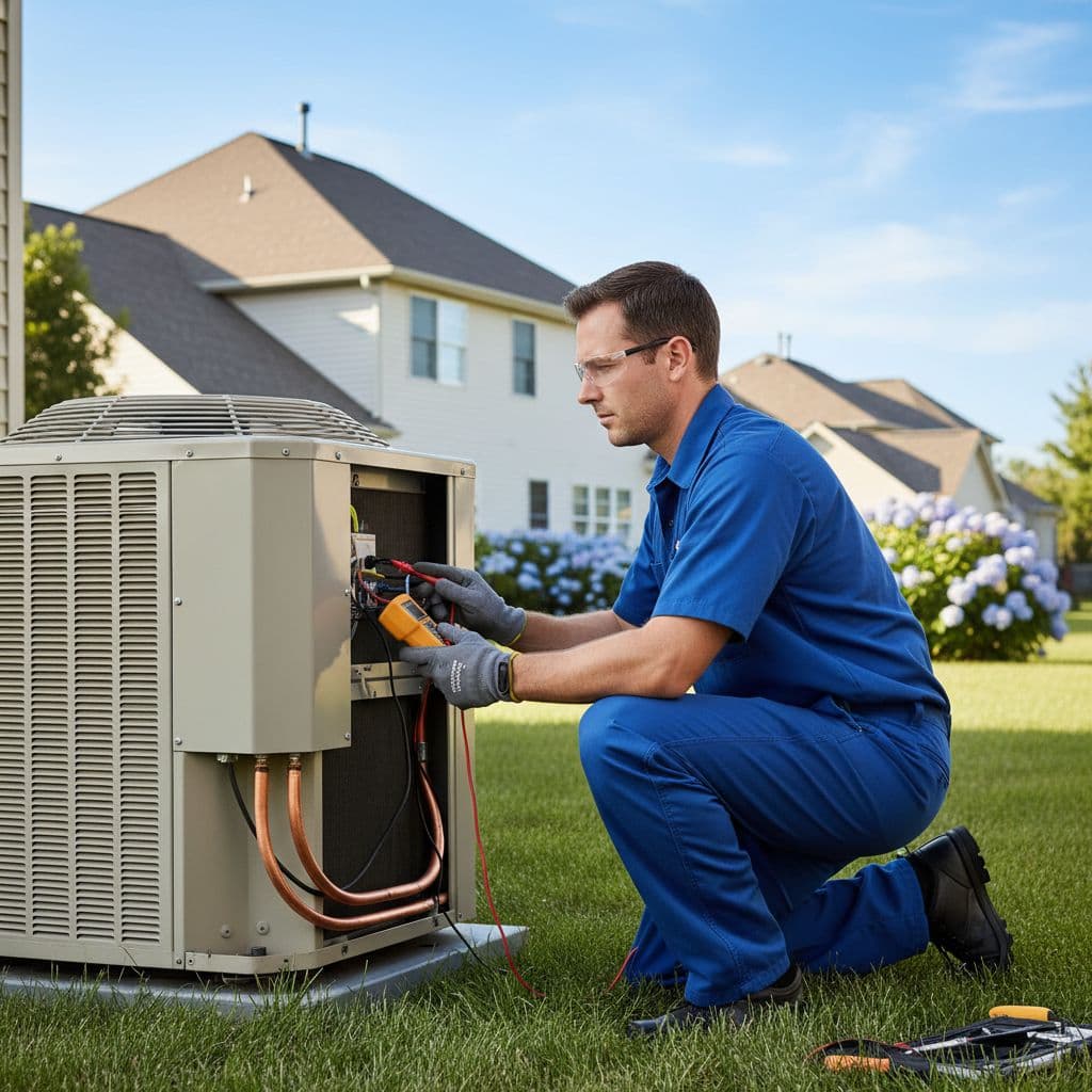 A focused HVAC technician inspects an outdoor air conditioning condenser unit at a residential home.