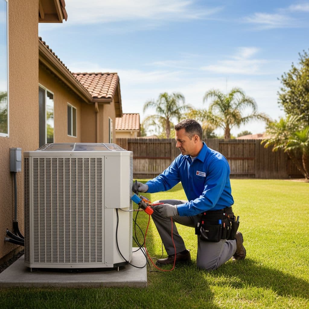 HVAC technician in uniform inspects modern outdoor AC unit in sunny suburban backyard.