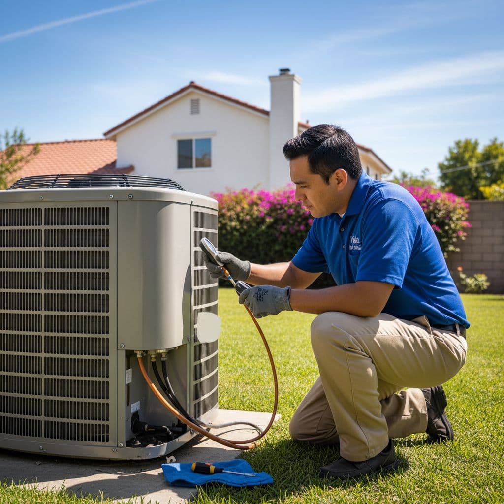 A technician examines a residential outdoor air conditioning condenser unit in a suburban backyard.
