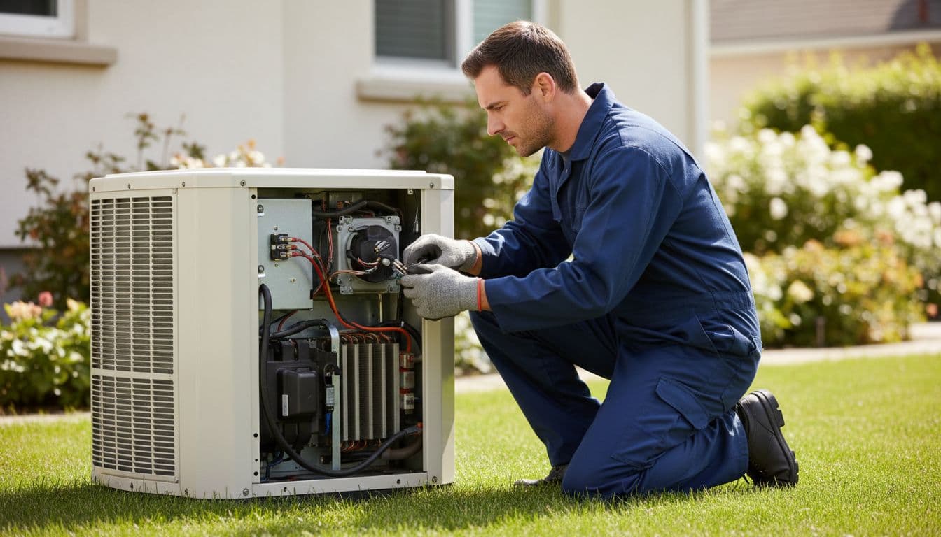 A technician kneels beside a residential outdoor air conditioning unit to examine its internal mechanical components.