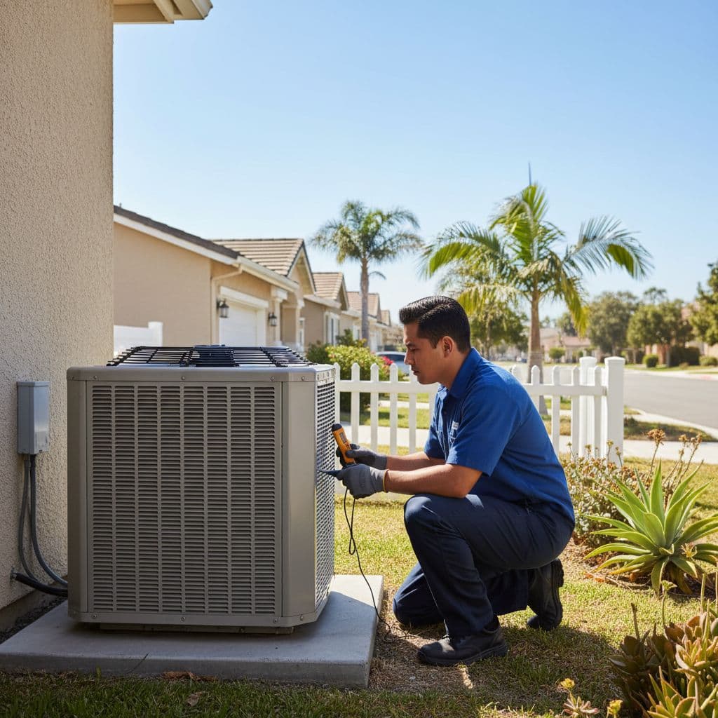 A technician wearing a work uniform examines a residential outdoor air conditioner located in a sunny California backyard. He focuses closely on the machinery while bright daylight illuminates the metal casing.