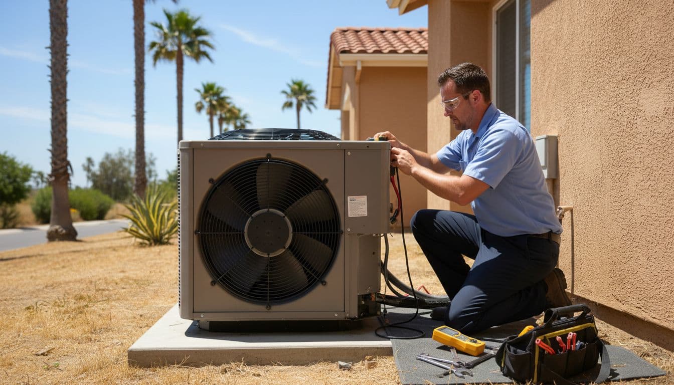 Realistic photo of a residential air conditioning unit outside a San Diego home, with a technician kneeling to check it on a hot sunny day amid palm trees.