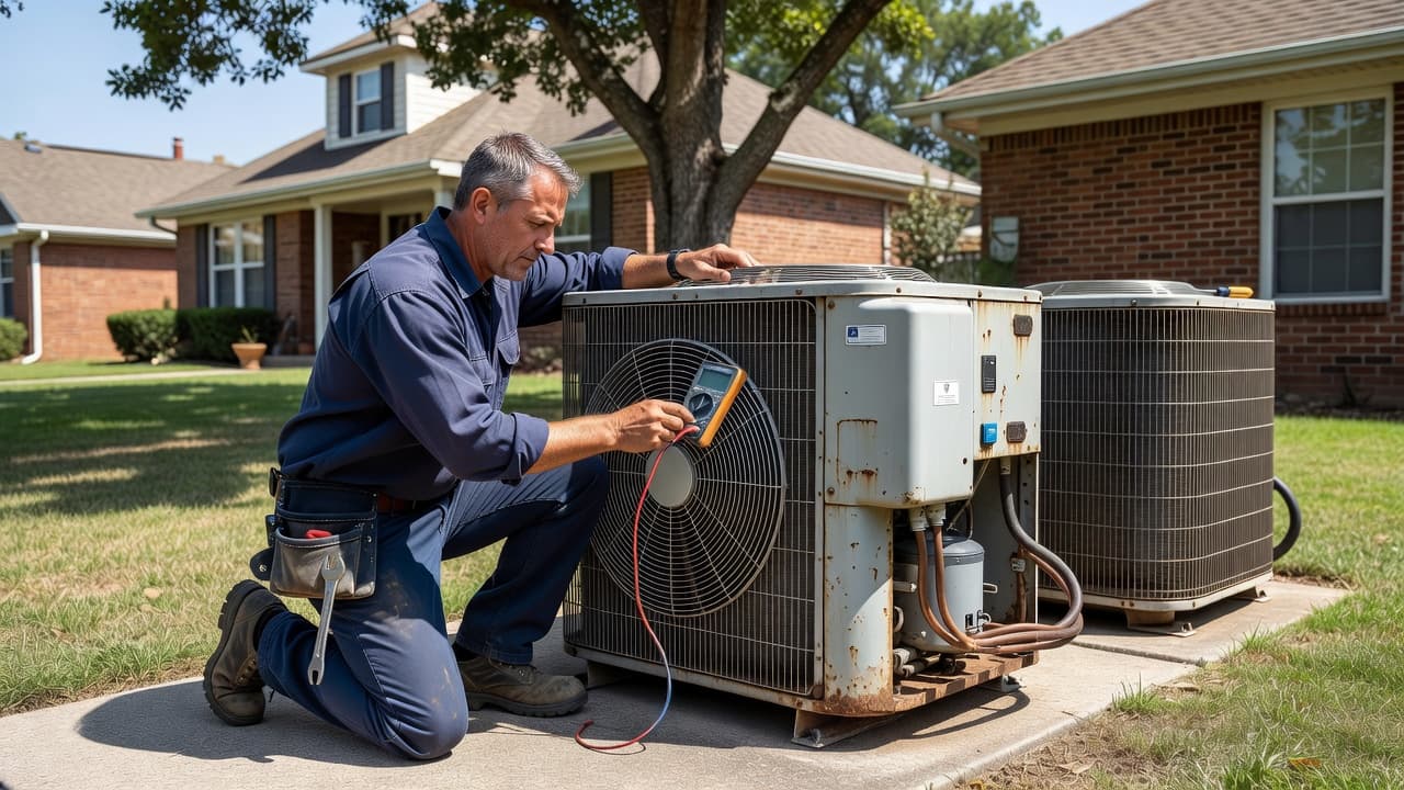 An HVAC technician inspects a residential outdoor air conditioning condenser unit.