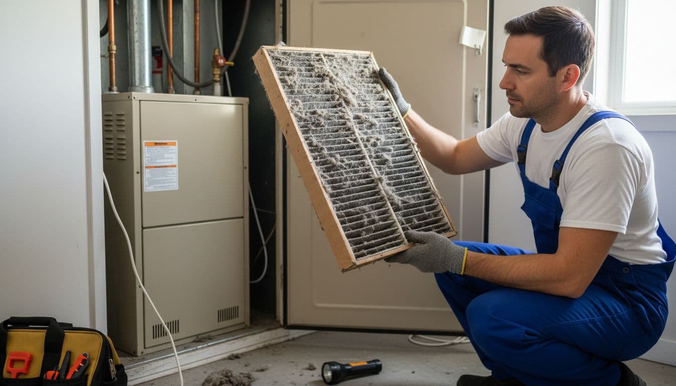 HVAC technician holds dusty air filter to light in home furnace closet.