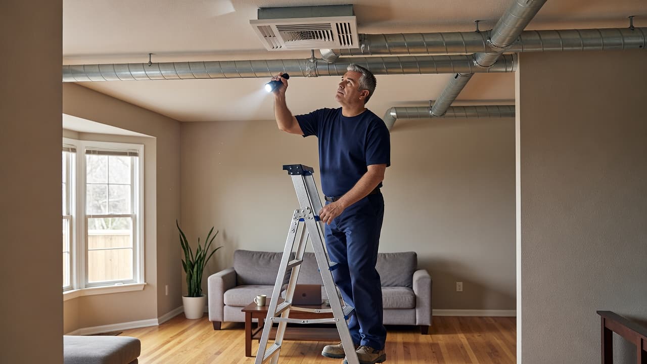 A professional technician in work attire stands in a living room, carefully examining residential ceiling air ducts. He uses a handheld device to ensure proper airflow and system cleanliness today.