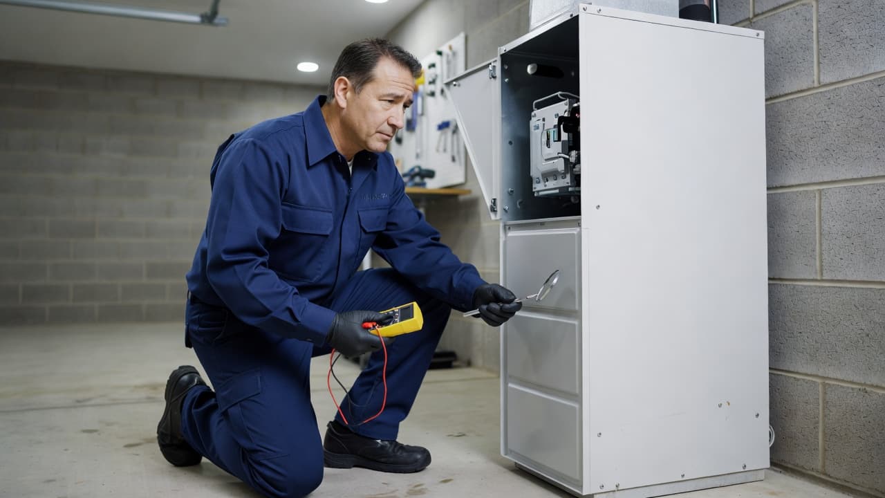 A technician wearing a clean uniform kneels on a garage floor while examining the internal components of a residential furnace. Bright, even lighting illuminates the metallic unit and service tools.