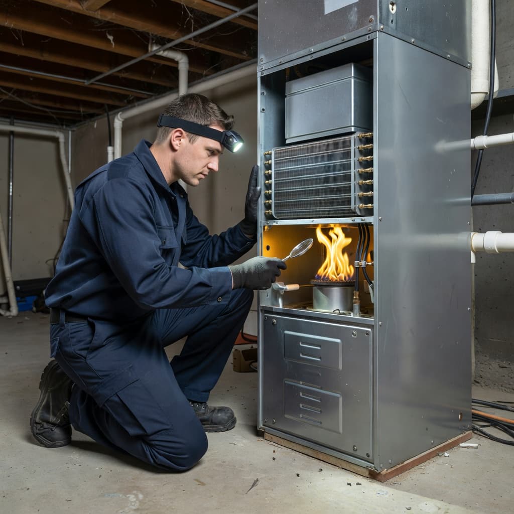 An HVAC technician kneeling to inspect the interior parts of a residential furnace in a basement.