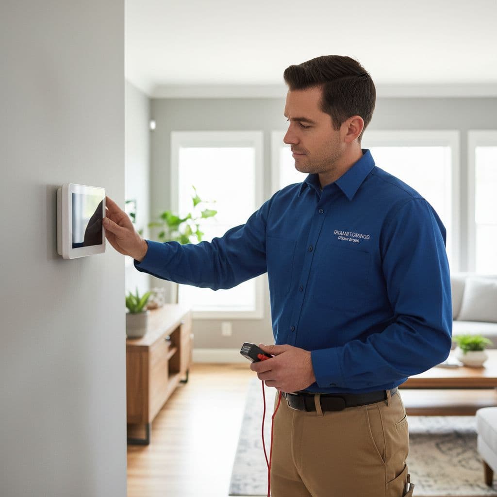 A professional HVAC technician in uniform examines a wall-mounted thermostat in a brightly lit living room.