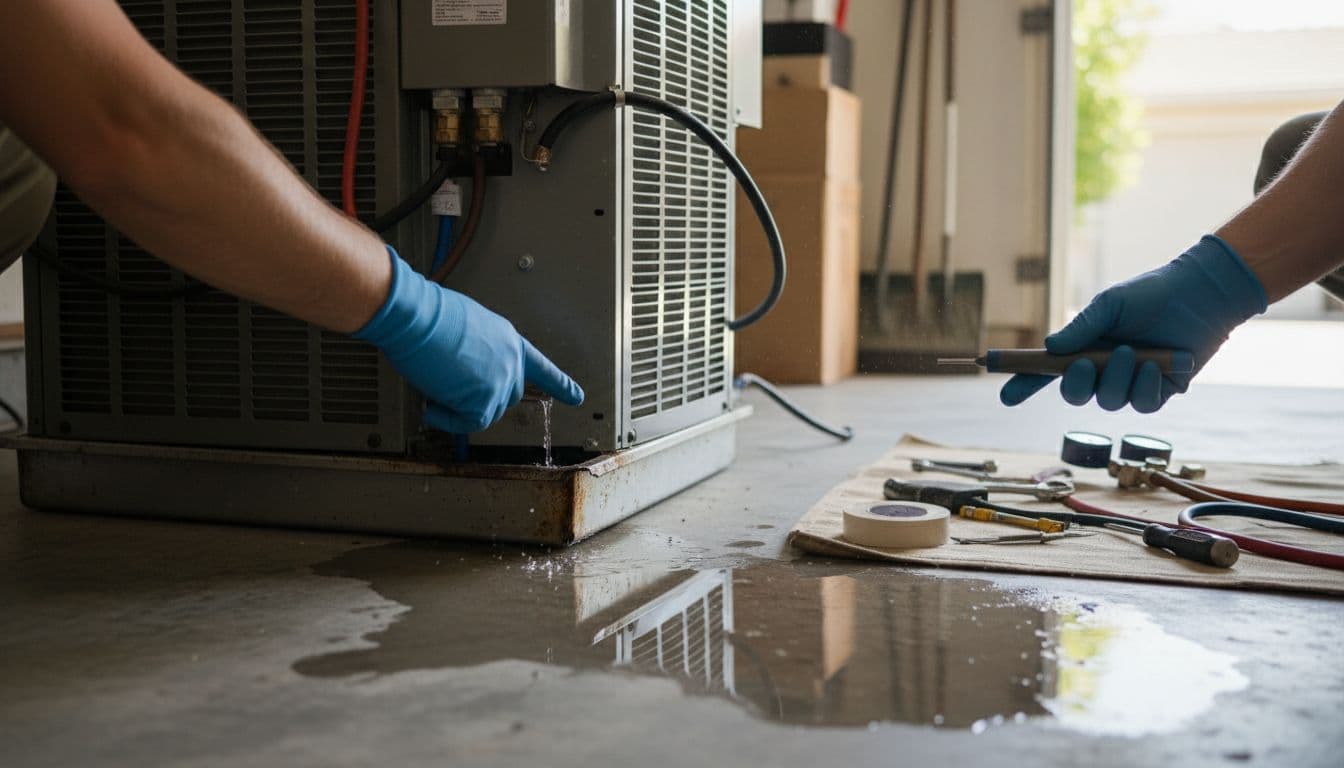 HVAC technician inspects residential AC unit with water leak from drain pan in garage.