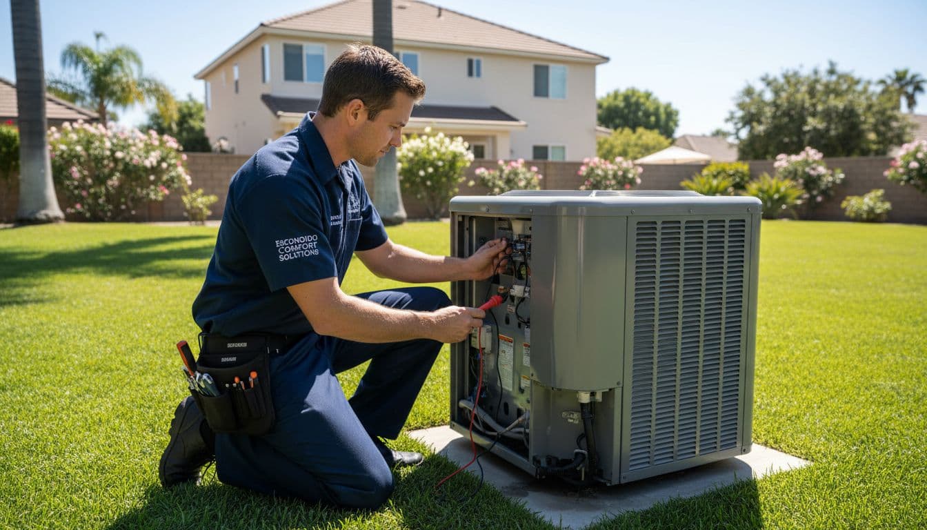 A professional HVAC technician in uniform kneels outside to inspect a residential air conditioning unit.