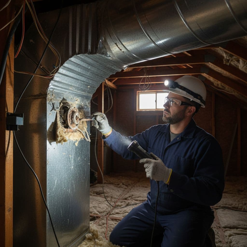 A technician wearing safety gear inspects metal residential ductwork using a flashlight in an attic.