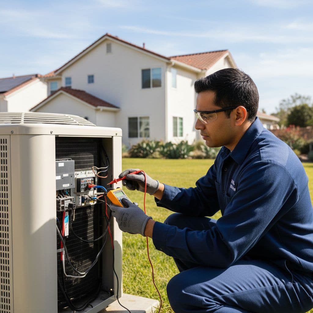 A technician wearing a uniform examines an outdoor residential air conditioning unit in a sunny suburban backyard. The specialist uses tools to inspect the mechanical components under bright daylight conditions.