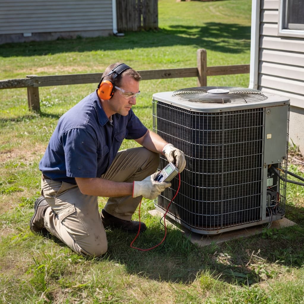 A professional technician wearing a dark uniform examines a residential air conditioning unit located in a grassy backyard. The specialist holds diagnostic tools while performing a routine system noise inspection.