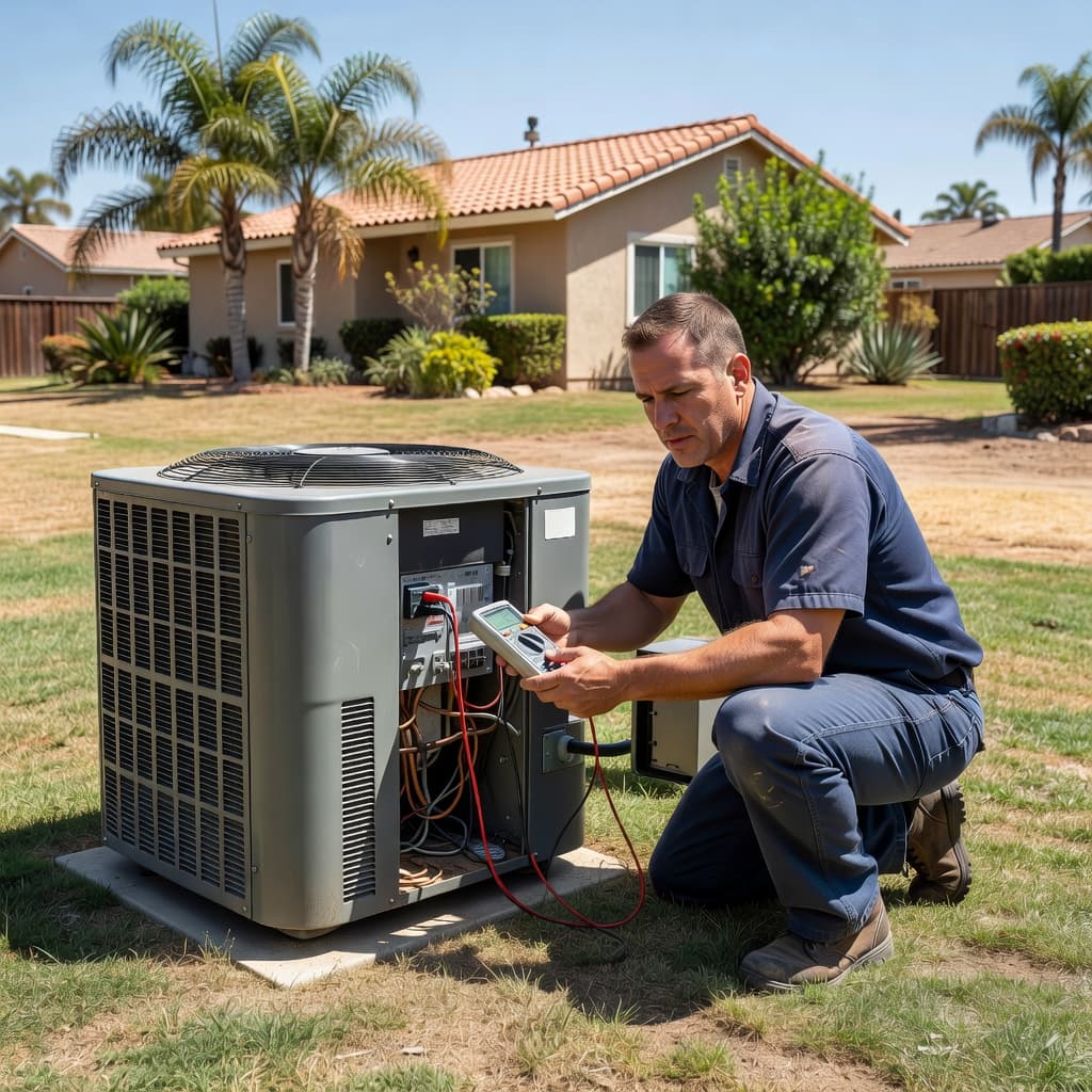A professional technician wearing a grey uniform kneels beside a residential outdoor air conditioning condenser. He carefully examines the metal exterior casing while bright, natural California daylight illuminates the suburban backyard.
