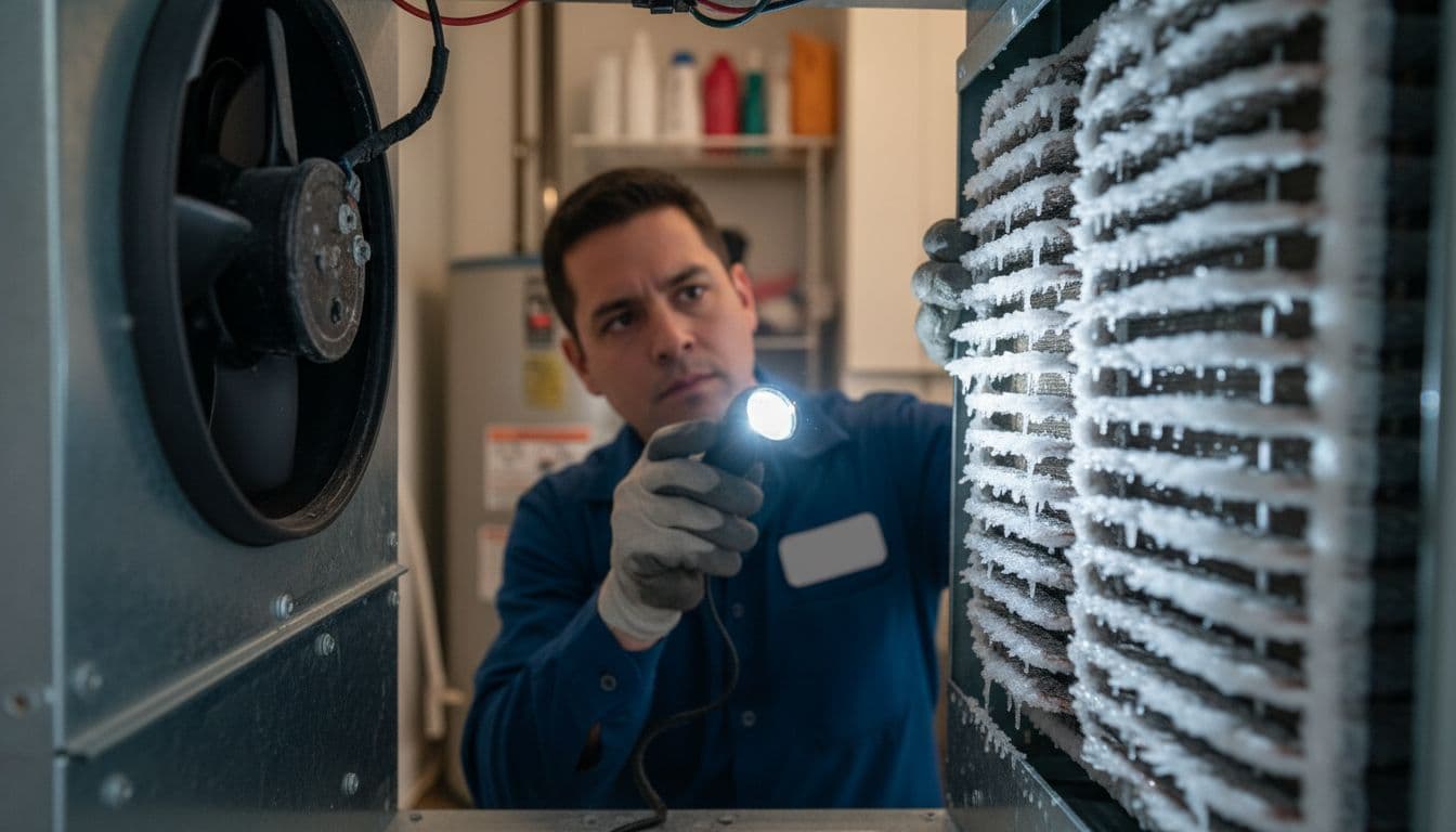 HVAC technician examines iced-over evaporator coils in residential AC unit.