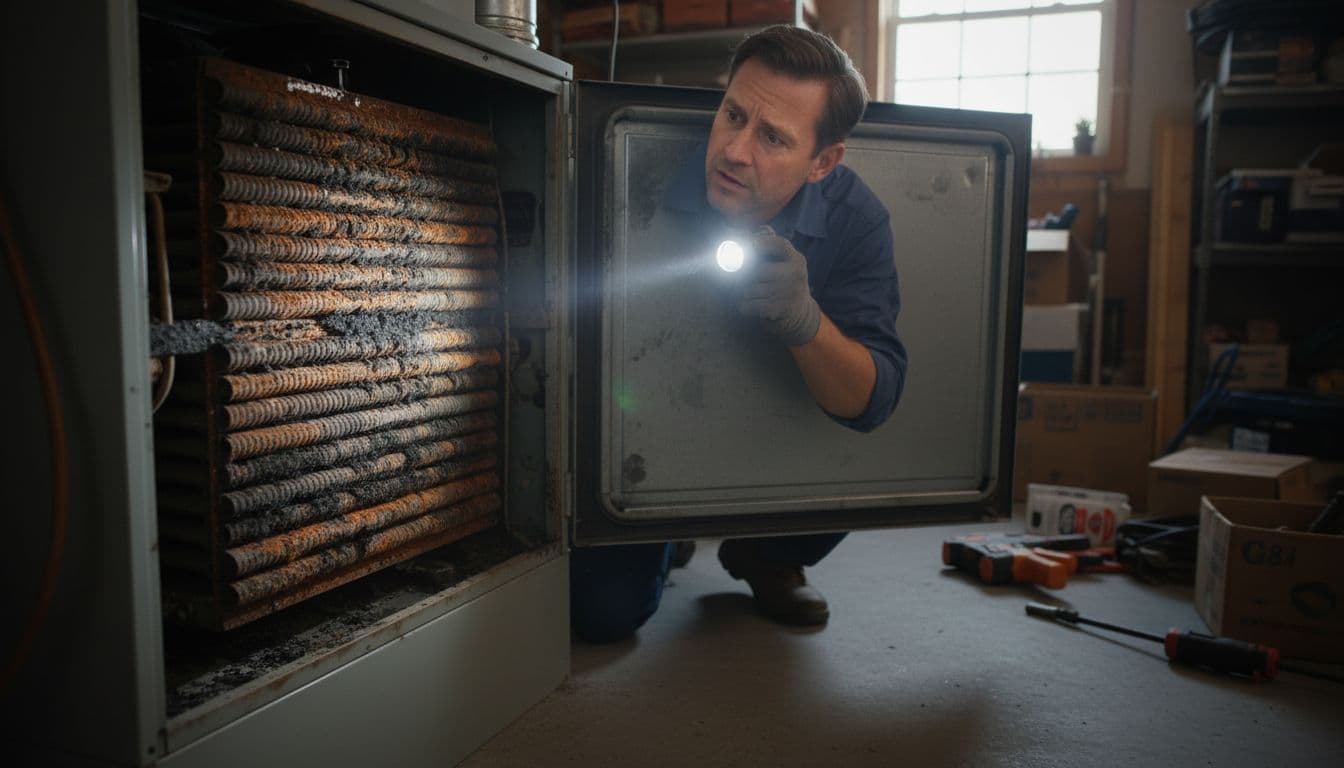 HVAC technician examines rust and soot on open residential furnace heat exchanger in garage with flashlight.