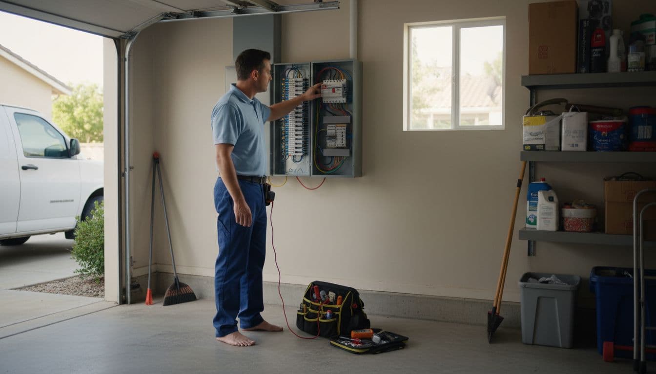 HVAC technician inspects tripped breaker in garage electrical panel near residential AC unit.