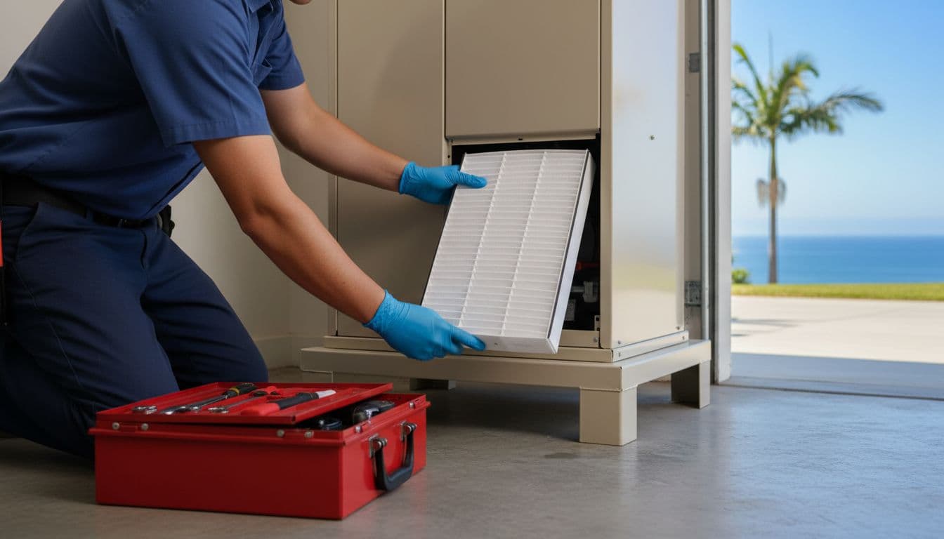 Realistic photo of a single HVAC technician in a modern Oceanside California home garage, sliding a new clean AC filter into a residential air handler unit with gloved hands and nearby toolbox under natural coastal daylight.