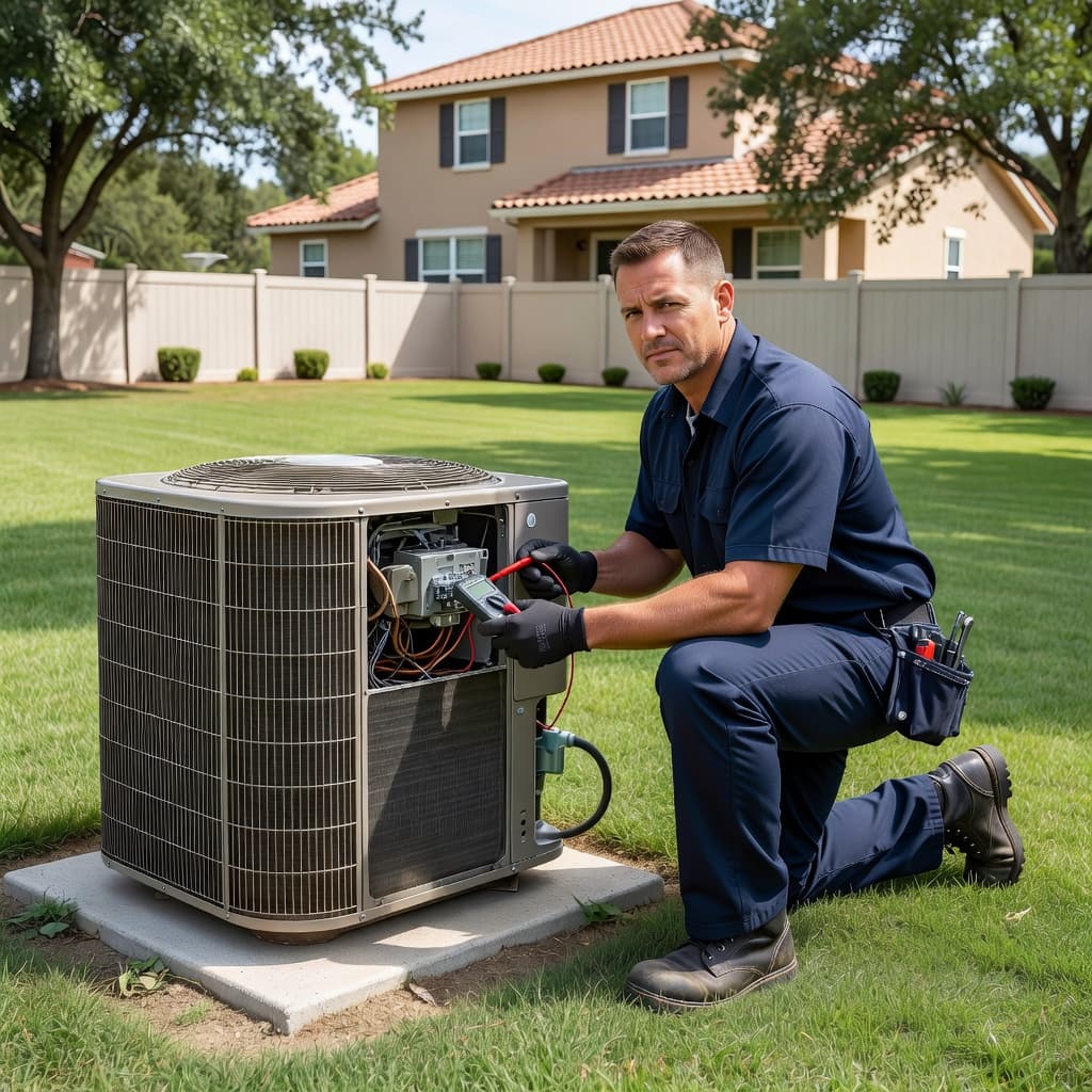 A technician wearing a work uniform examines the internal wiring of an outdoor air conditioning condenser. The scene is set in a tidy residential backyard under bright, natural daylight conditions.