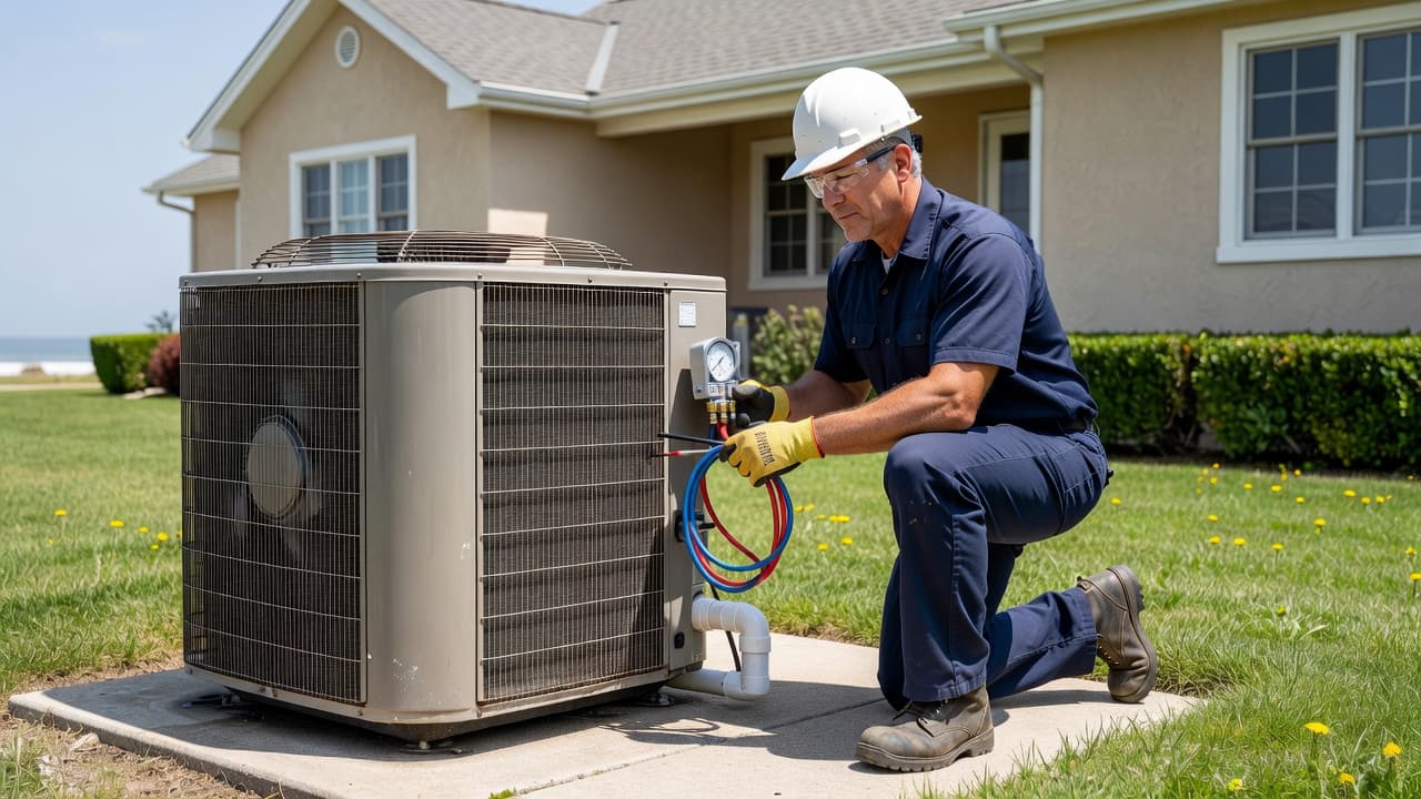 A uniformed technician kneels beside a residential outdoor air conditioning unit to inspect its internal components. The suburban backyard provides a bright, sunlit backdrop for this professional climate control system maintenance.