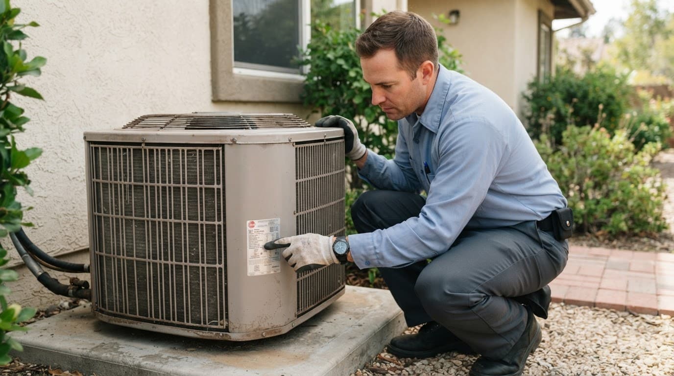 An HVAC technician inspects the nameplate area on an outdoor air conditioner.