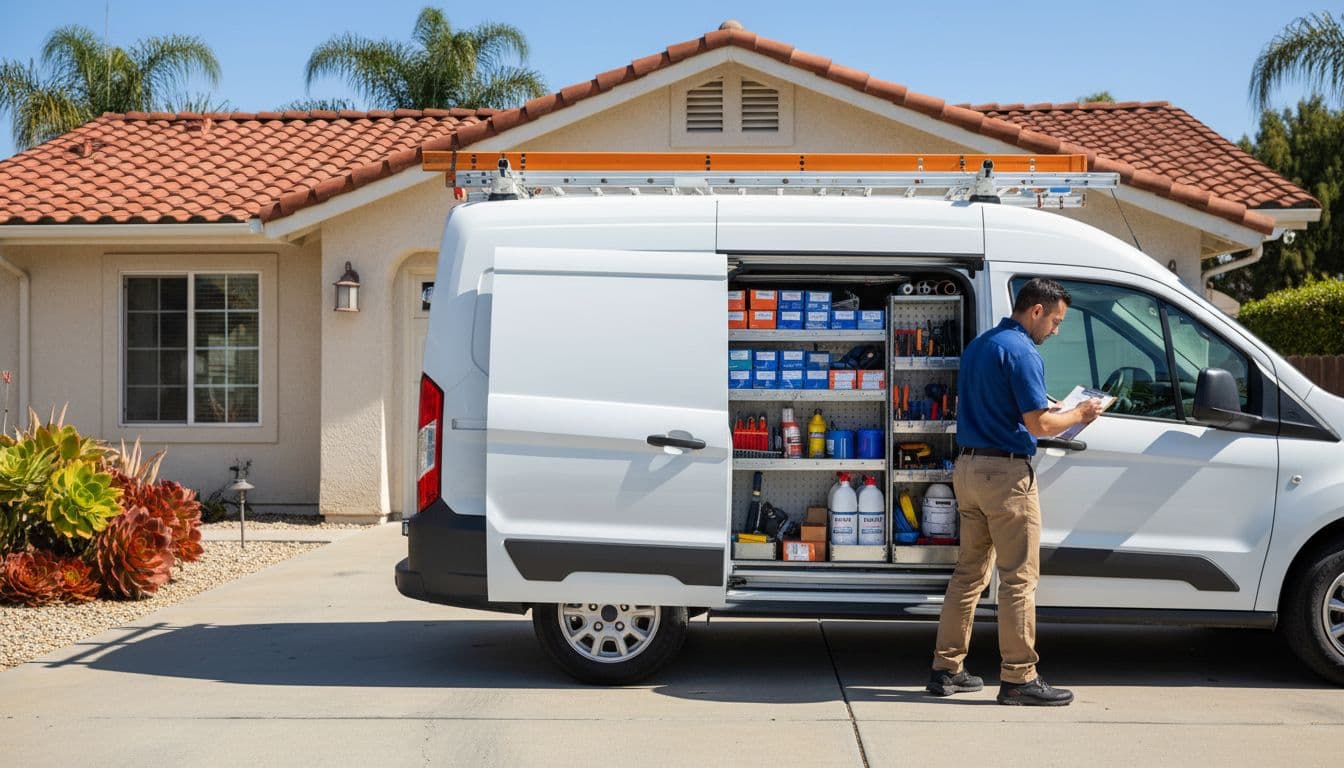 Technician organizes HVAC parts like capacitors and lines inside open service van parked in driveway.