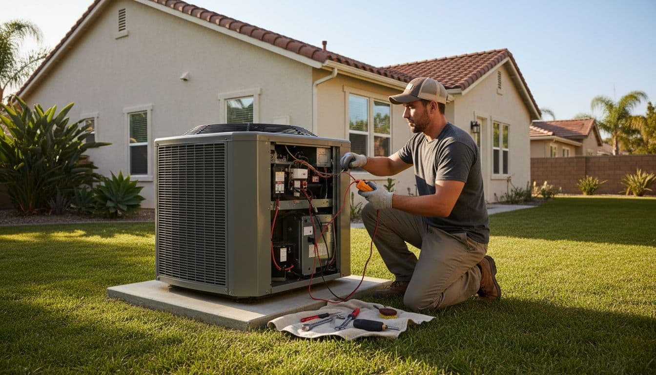 HVAC technician kneels with screwdriver and multimeter repairing central AC condenser outside suburban home.