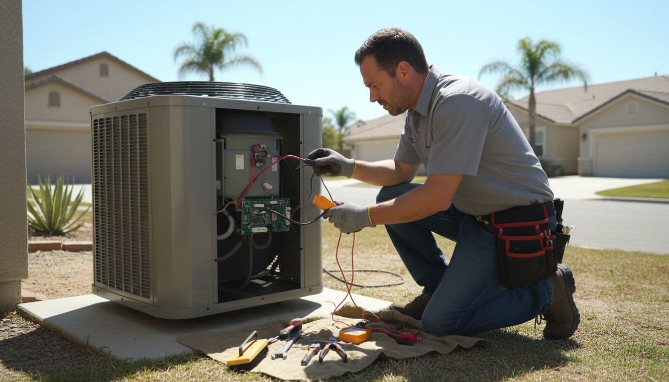 A focused technician works on a residential outdoor air conditioning condenser unit. Various professional metal tools rest on the pavement beside the unit under the bright Southern California sunlight.